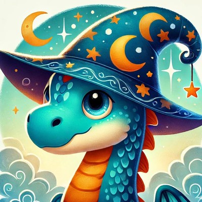 A magical dragon under a starry sky, wearing a wizard's hat